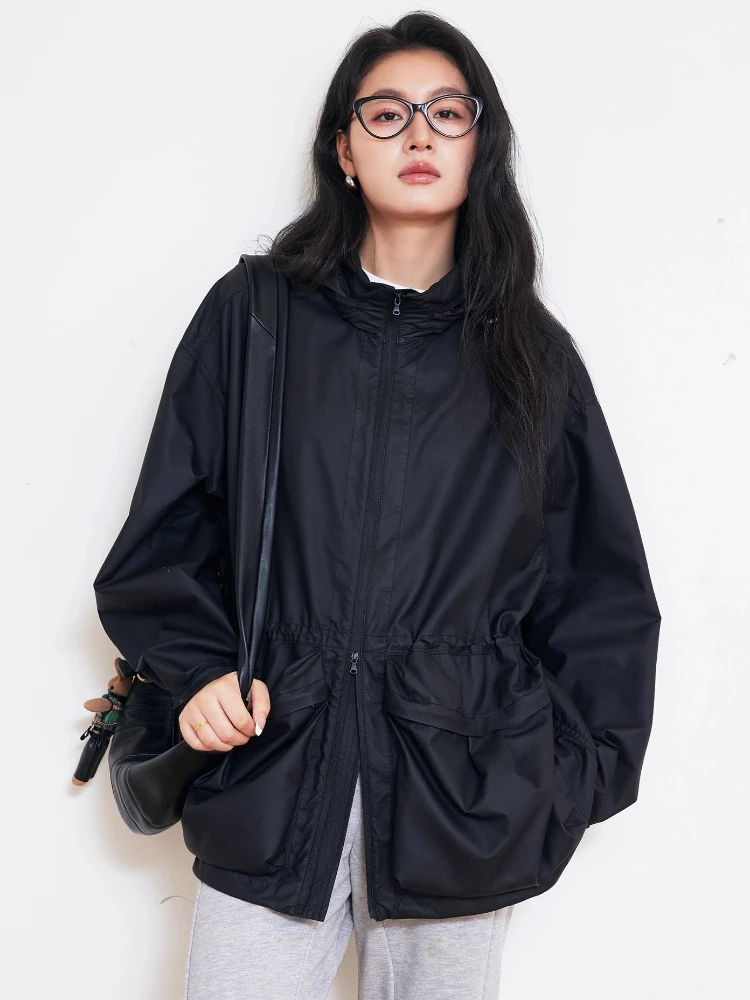 

Casual Black Genuine Leather Windbreaker Jackets for Women Spring Autumn Thin Simple Stand Collar Hooded Real Sheepskin Coat