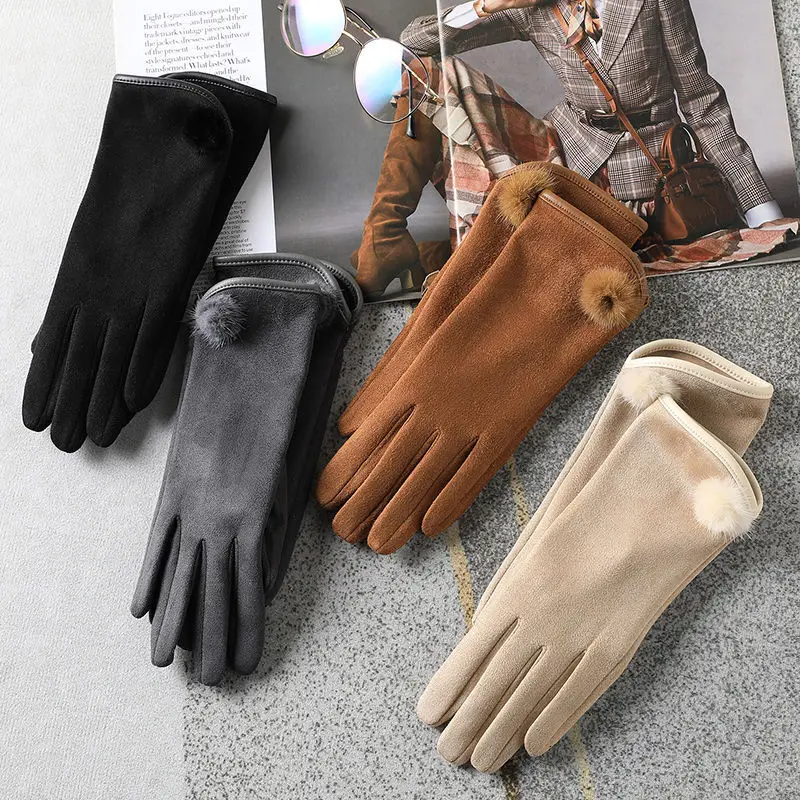 

KayCrown New Fashion Grace Lady Gloves Women Winter Vintage Pom-pom Suede Touch Screen Driving Warm Windproof Glove Mittens