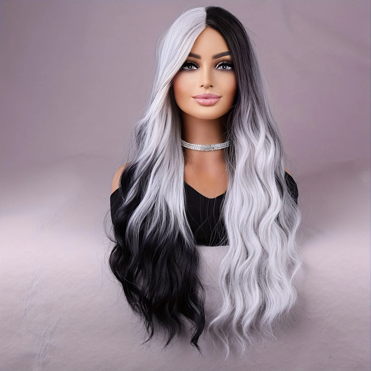 Long black and white double wig white wig with heat resistant synthetic hair in the middle part of the cosplay party wig