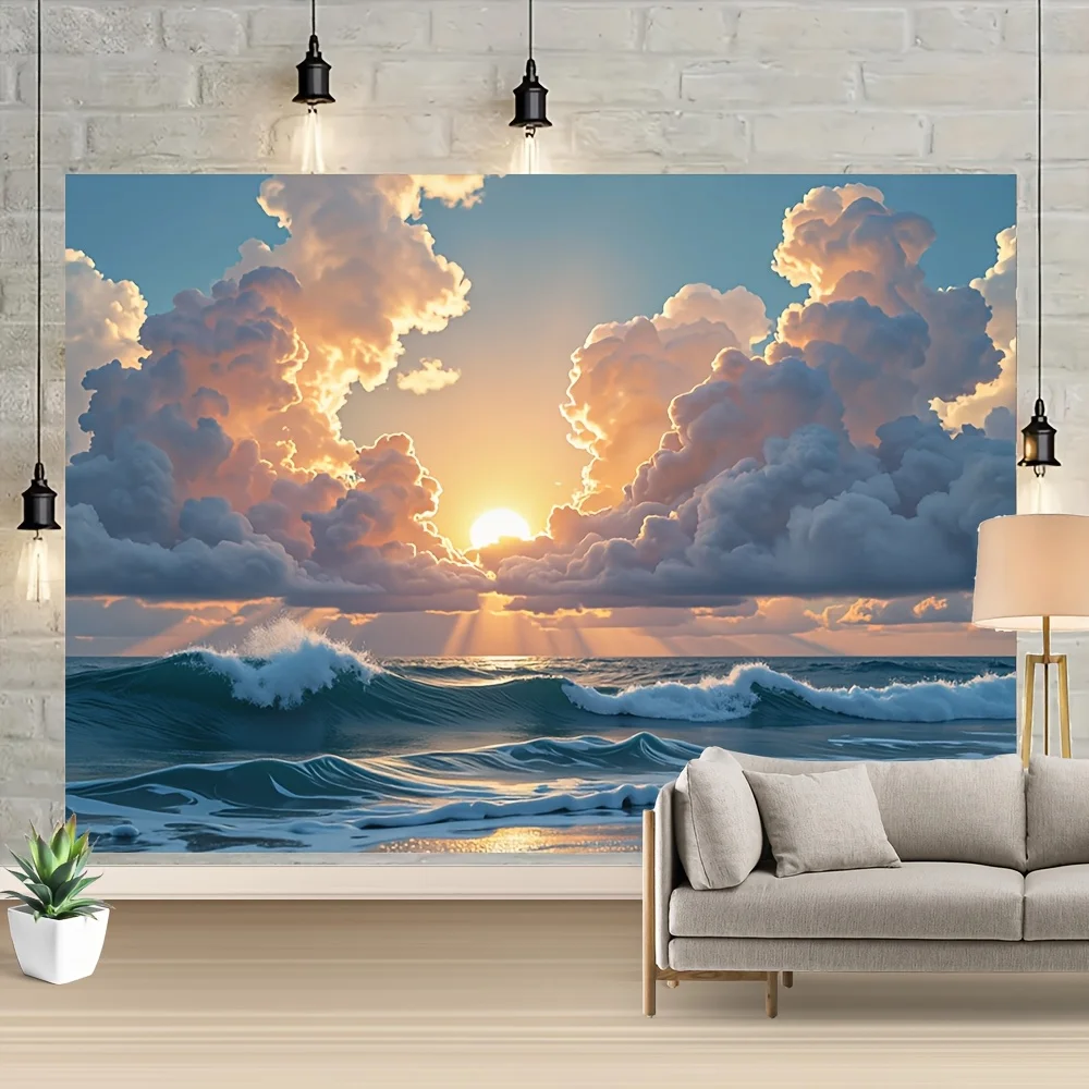 1pc Stunning Blue Ocean Waves Tapestry - Vibrant Sunset Cloud Design, Polyester Party  for Home Decor, Weddings, Birthdays view 5