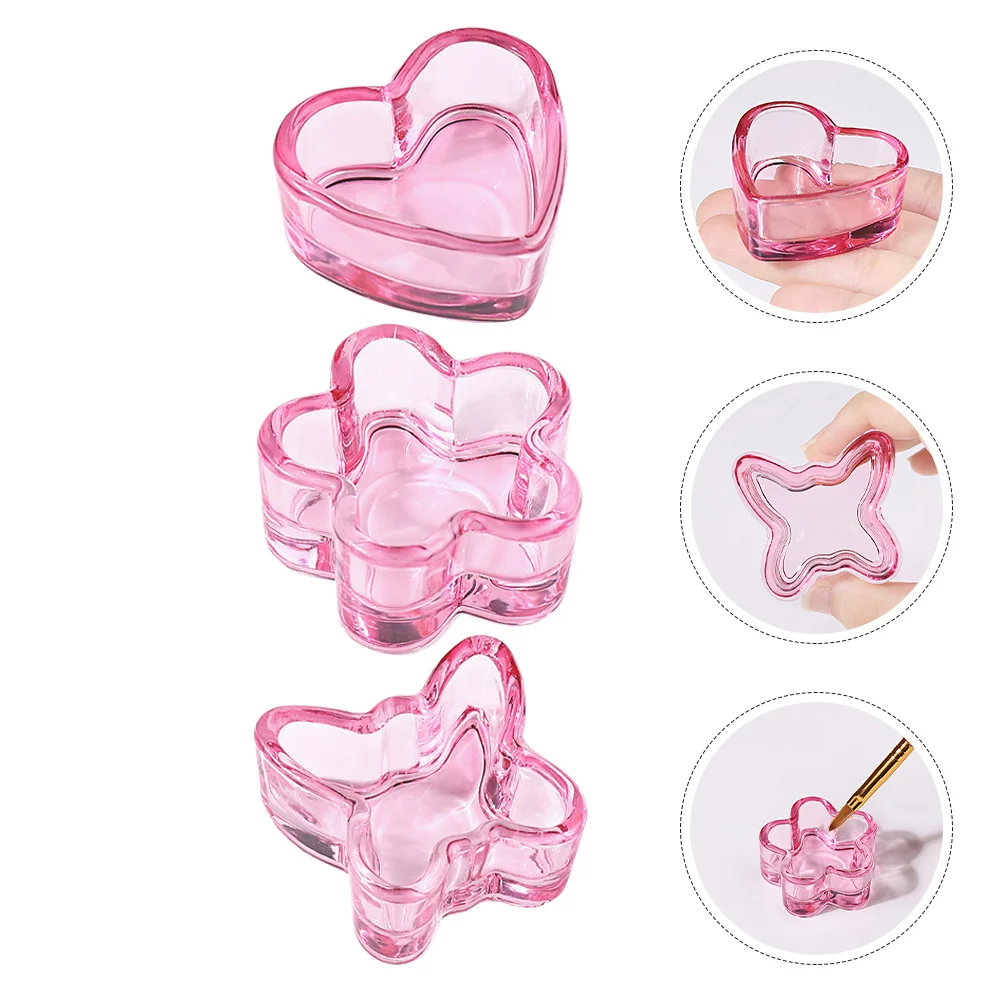 Plato Dappen de cristal rosa para decoración de uñas, plato acrílico con forma de corazón, flor y mariposa, soporte para polvo líquido, taza para cepillo de limpieza, 3 uds.