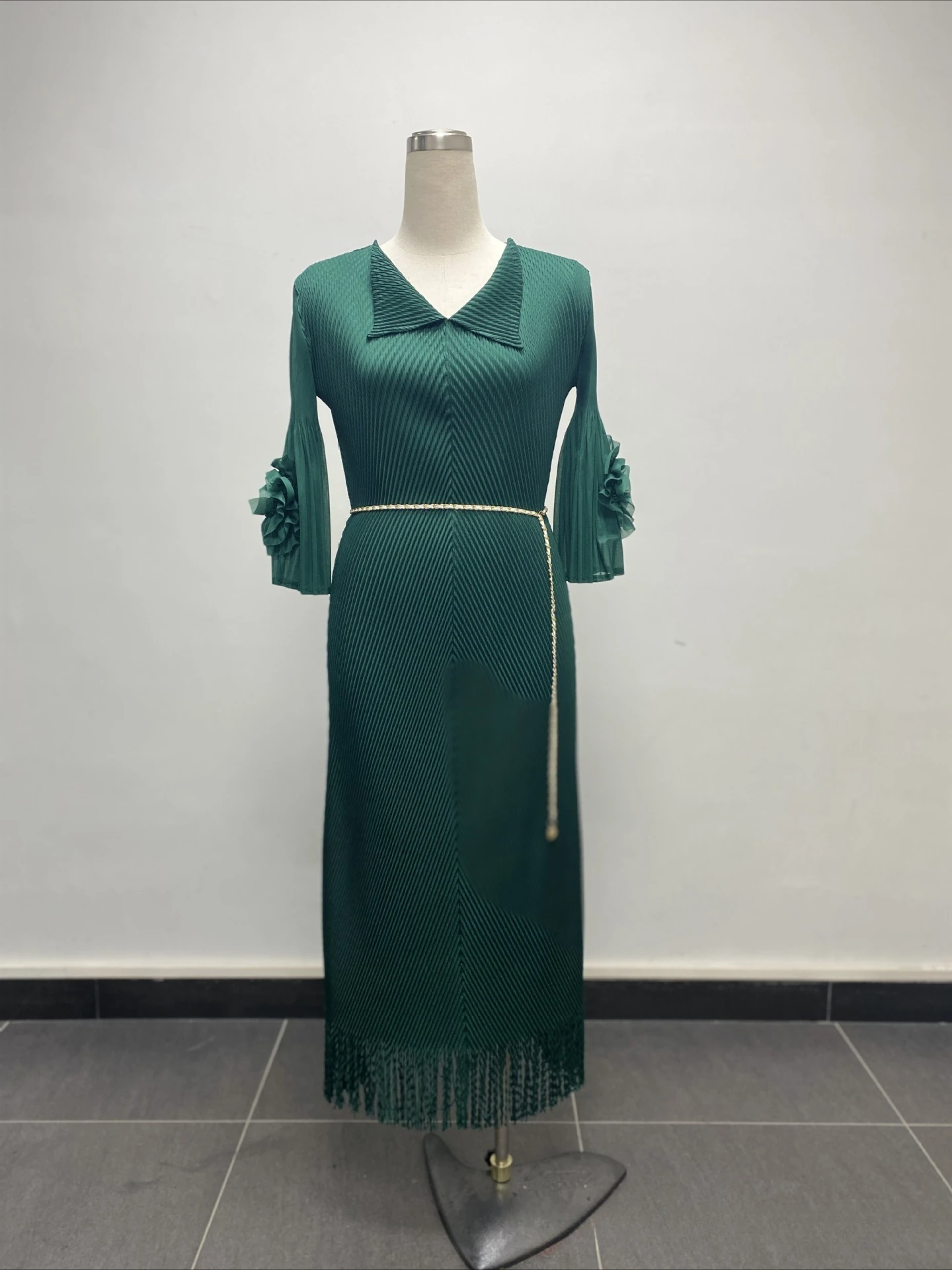 ANLAN Pleated 3D Flowers Tassel Dress Women Lapel Lace-up A Line Elegant New 2025 Loose Fashion Wedding Party Female Clothing