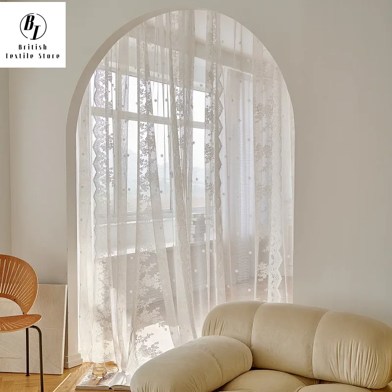 

Warp-knitted Curtains for Living Dining Room Bedroom Lace Impenetrable French Lace Window Screening White Gauze Blackout Curtain
