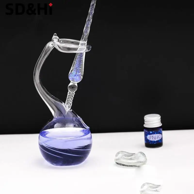 1pc Handicraft All-Clear Glass Inkwell Dip Pen Holder Furniture Decoration Office Student Graduation Birthday Present Gift