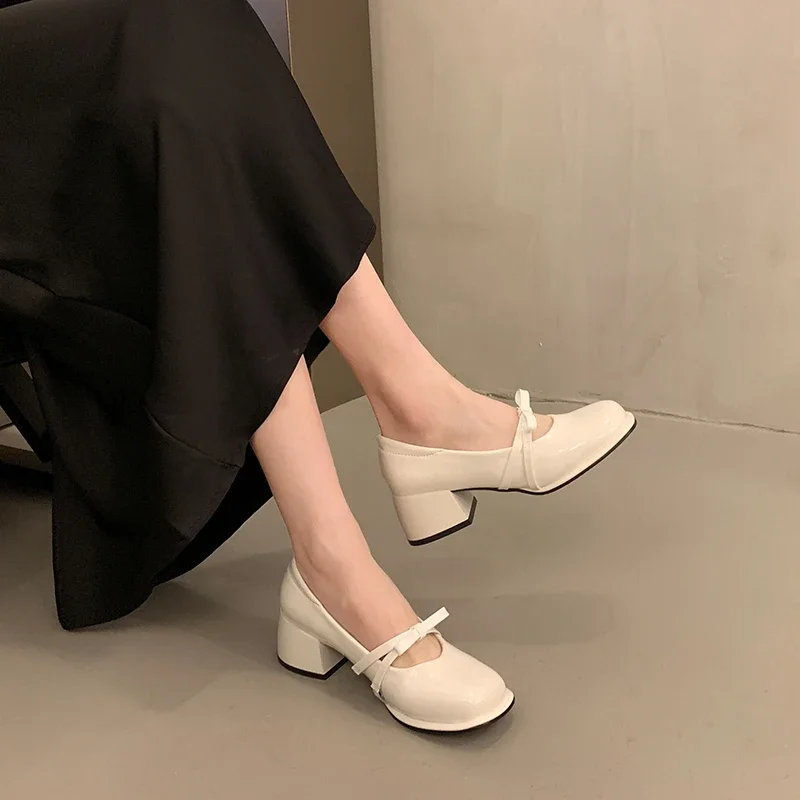 Retro Women Pumps Slip on Pu Leather Mary Jane Shoes Black Red Thick Heel Women Single Shoes 2024 Spring Autumn Heeled Loafers