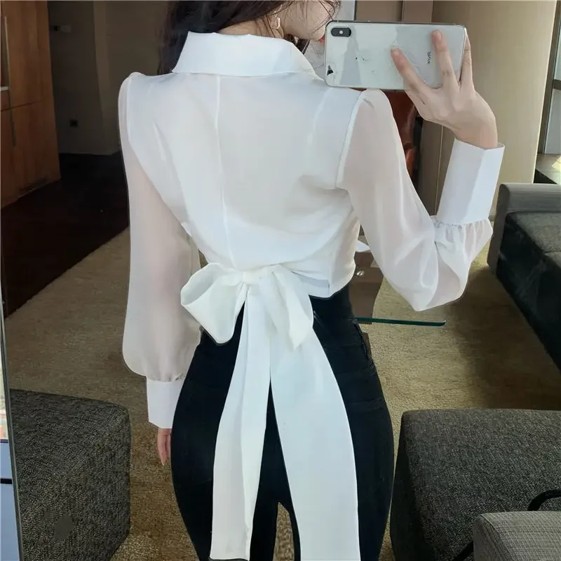 Womens Crop Tops 2024 Blusas Mujer De Moda V-neck Bandage Bow Slim Waist Chiffon Blouses Korean Elegant White Shirt