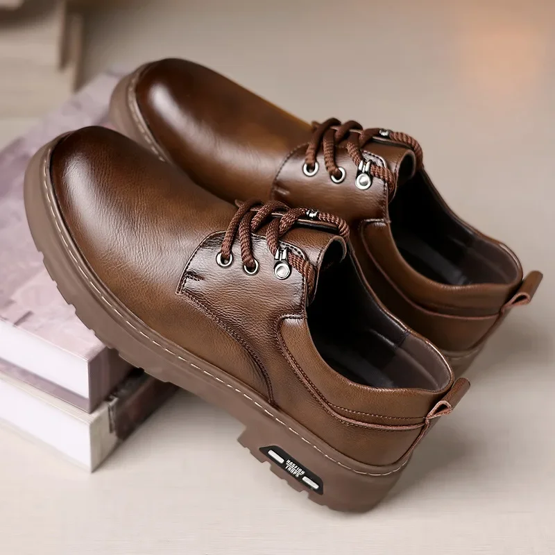 New Designer Cow Leather Shoes for Men Fashion Casual Lace Platform Shoes Male Solid Color Spring Autumn Work Shoe Man