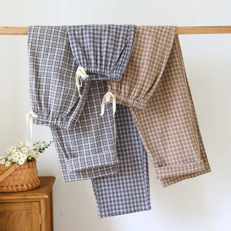 Washed Cotton Plaid Lounge & Sleep Pants. Lightweight Ultra-Soft Breathable for Summer & AC Comfort Casual Home Wear