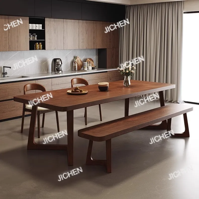 노르딕 스타일 원목 식탁 및 의자 세트 통나무 긴 테이블 작업대 가정용 식탁 책장 일체형 레스토랑