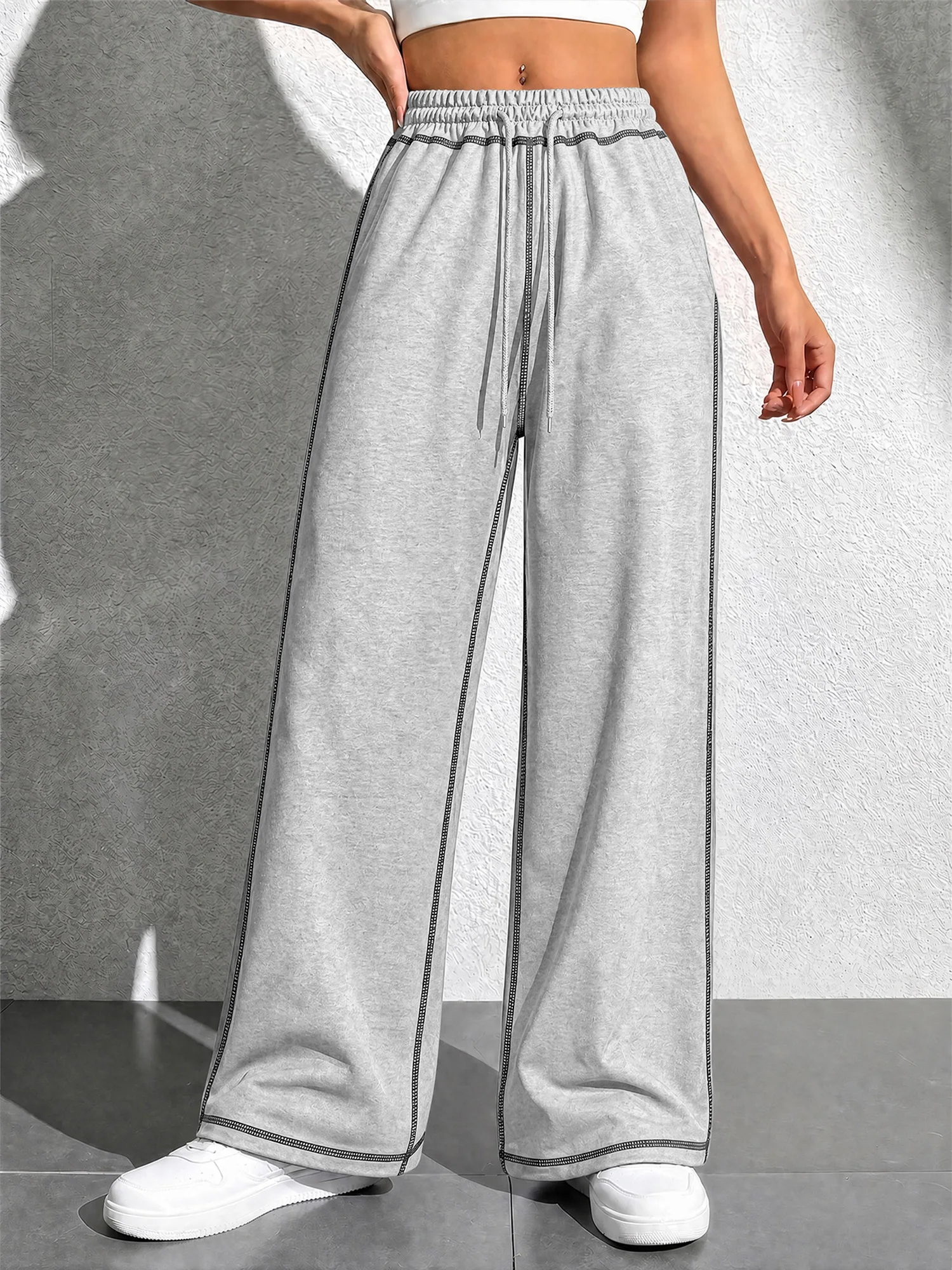 Women Solid Color Baggy Wide Leg Trousers Contrast Stitching Detail Drawstring Waist Casual Lounge Pants