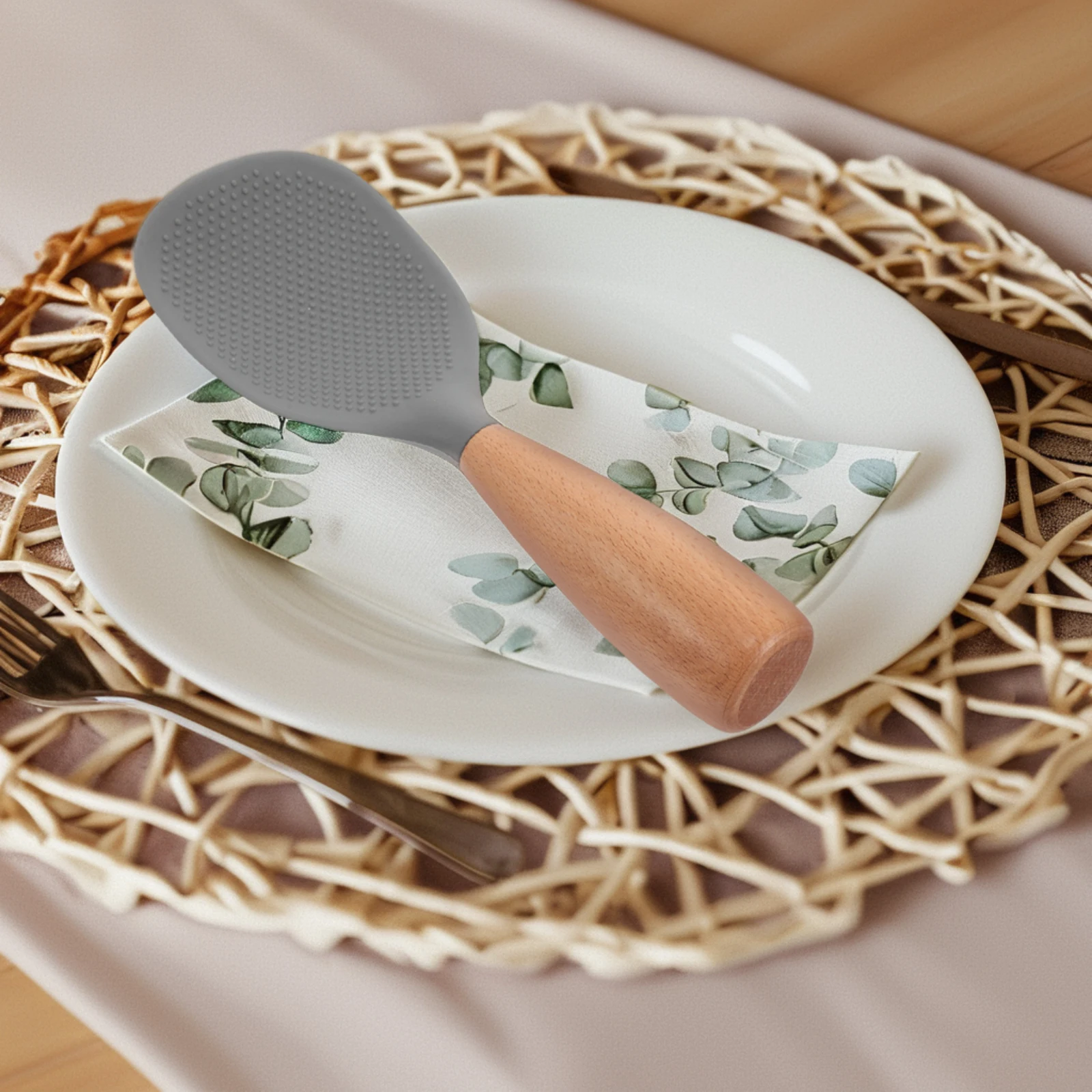 

Silicone Rice Paddle Spoon Nonstick Standing Wooden Handle Heat Resistant Rice Cooker Spoon Kitchen Serving Tool
