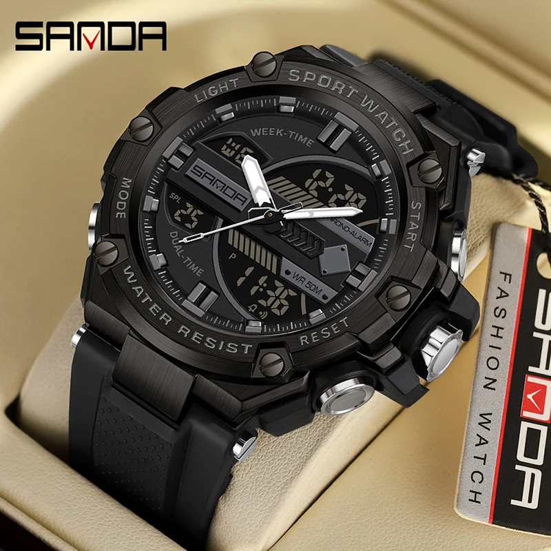 

SANDA Men Watches Fashion Outdoor Sport Quartz LED Digital Watch 50M Waterproof Electron Wristwatch Men Military Army Clock Male