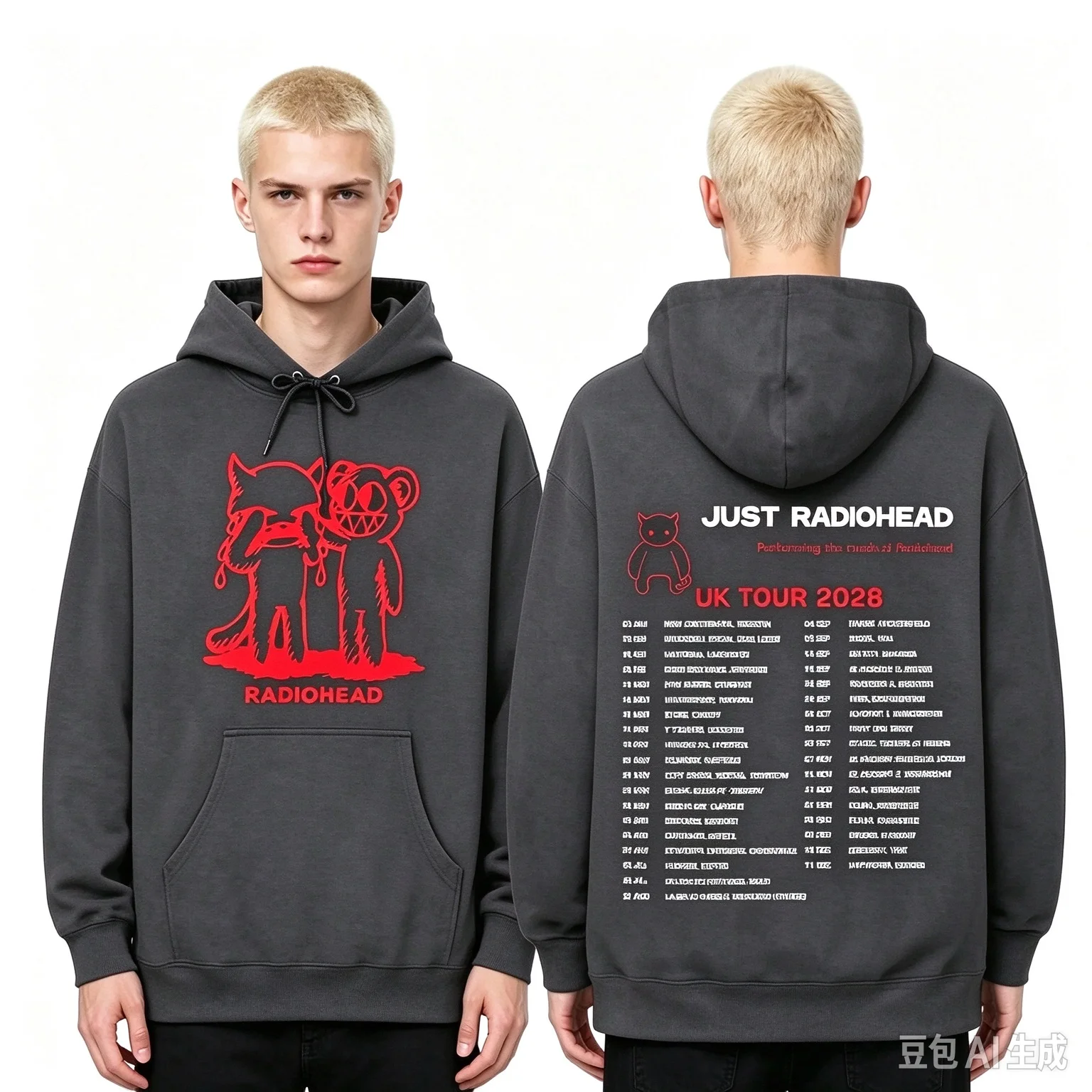Radiohead UK Tour 2028 Double Sided Hoodie Red Demon Bear Cartoon Graphic Hooded Sweatshirt Alternative Indie Rock Band