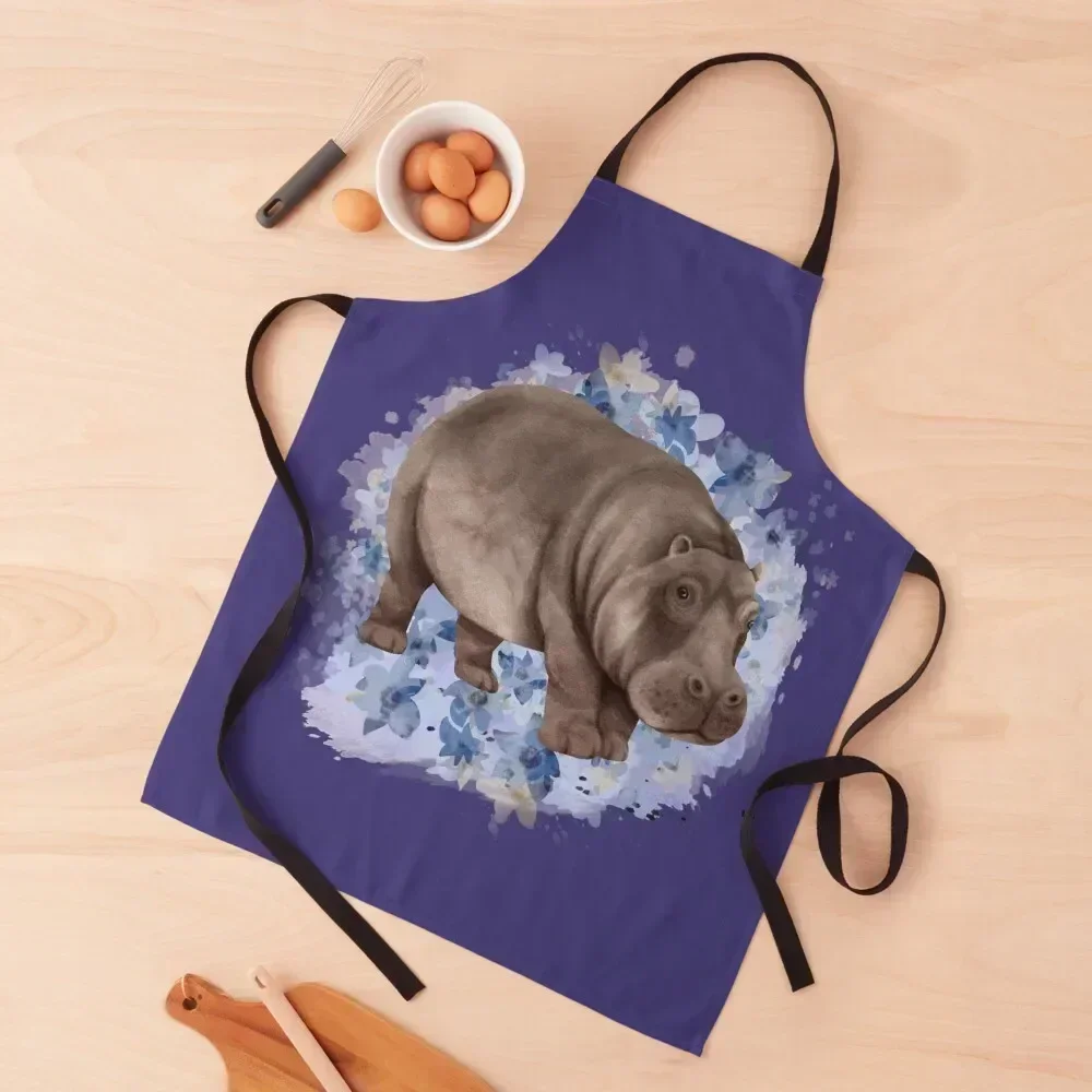 

Watercolor hippo with blue flower Apron Cleaning Products For Home home women Kitchen Supplies Idea Goods Hairdressing Apron