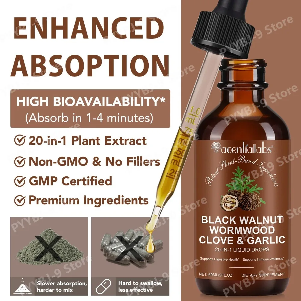 Acentialabs 20 in 1 Black Walnut Wormwood Tincture Private Label Gut Cleanse Black Walnut Wormwood and Cloves Liquid Drops 60ml