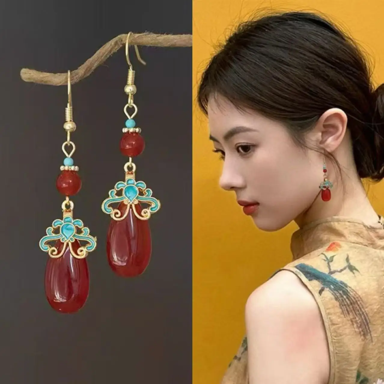 Vintage Chinese Style Red Jade Pendant Earrings for Women Hand-carved Auspicious Cloud Patterns Inlay Blue Enamel Luxury Jewelry