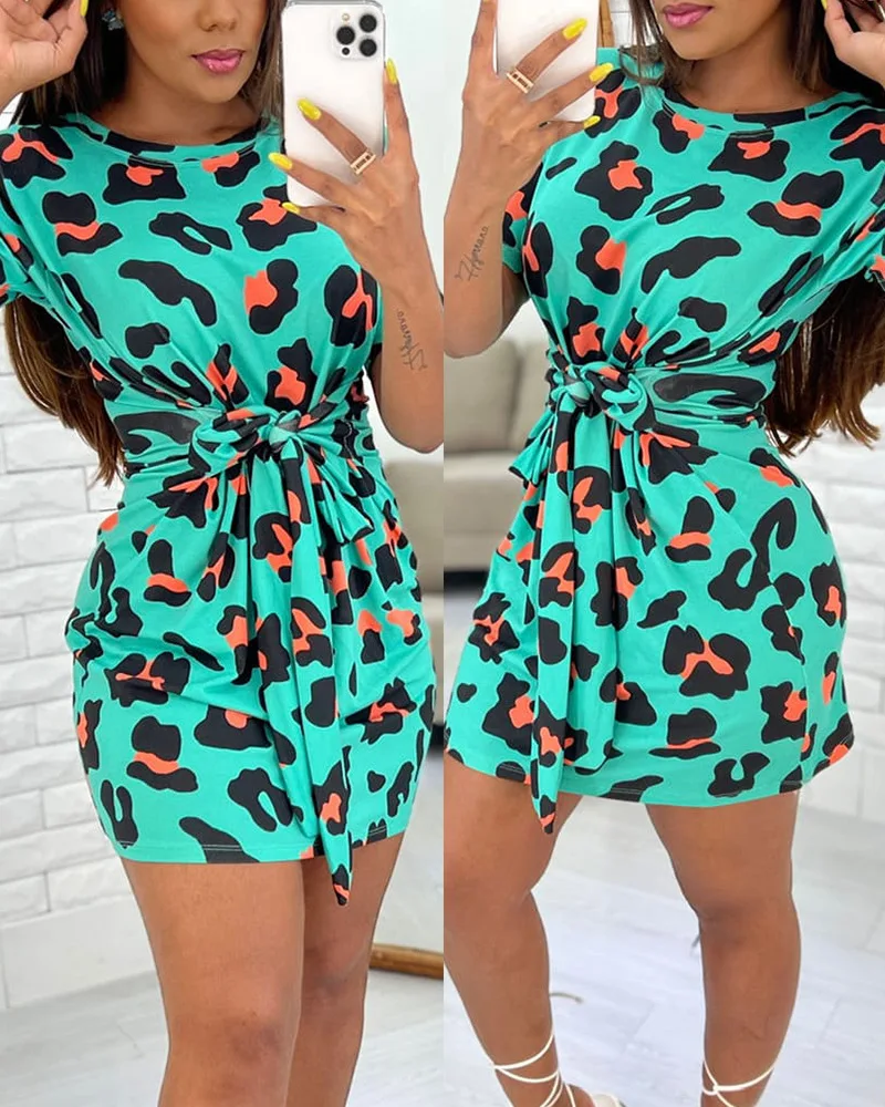 

Leopard Print Knotted Casual Dress Women Sashes Belt O Neck Short Sleeve Mini Sexy Dress Summer