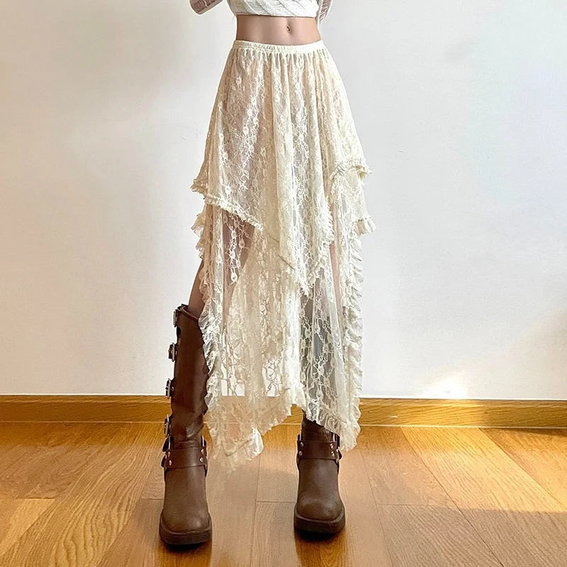 

Lace Asymmetrical Skirts Women Vintage Y2K Boho Aesthetic Fashion High Waist Mid Skirt Korean Style Loose Lady Holiday Outfits