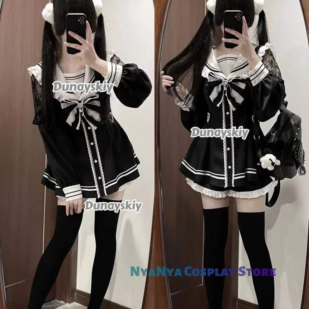 Japanese Sweet Inner Shorts Set JK School Uniform Jirai Kei Sailor Black Dress Lace Patchwork Slim Fit Dresses For Women Girls