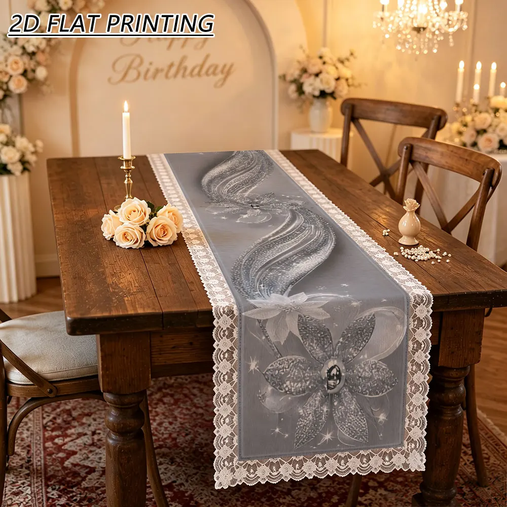 1pc Silver Glitter Poinsettia Pattern Tulle Lace Table Runner For Home Wedding Holiday Party