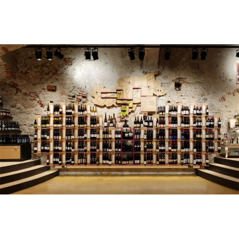 （customized）Customized  Wine Shop  Display Wooden Wine Furniture Rack Wall Mounted Design Large  Fixture Wine Cellar Shelves