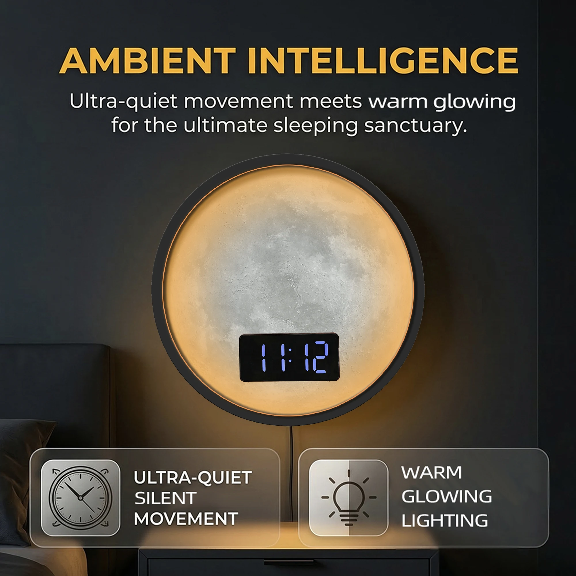 Moon Surface LED Glowing Wall Clock Digital Display Night Light Lunar Home Decor Clock with Temperature Calendar Date 12/24 Hour