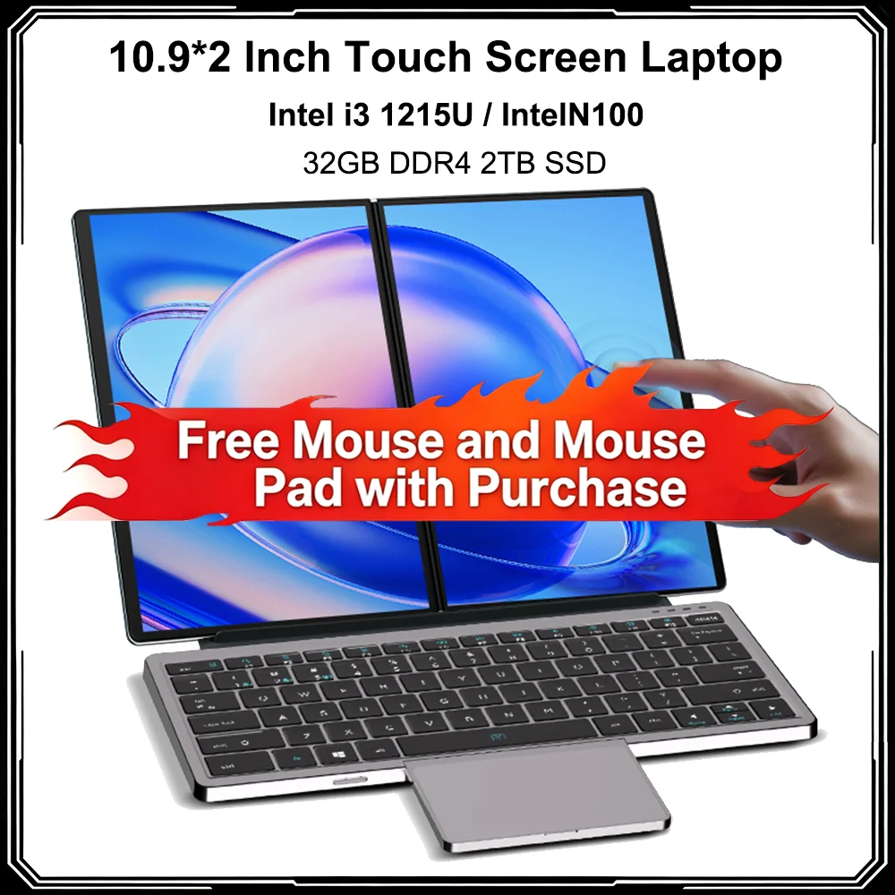 10.9 Inch Mini PC Dual Touch Screen Laptop Intel I3 1215U with 32GB DDR4 RAM 2TB SSD Notebook for Gaming Office Student