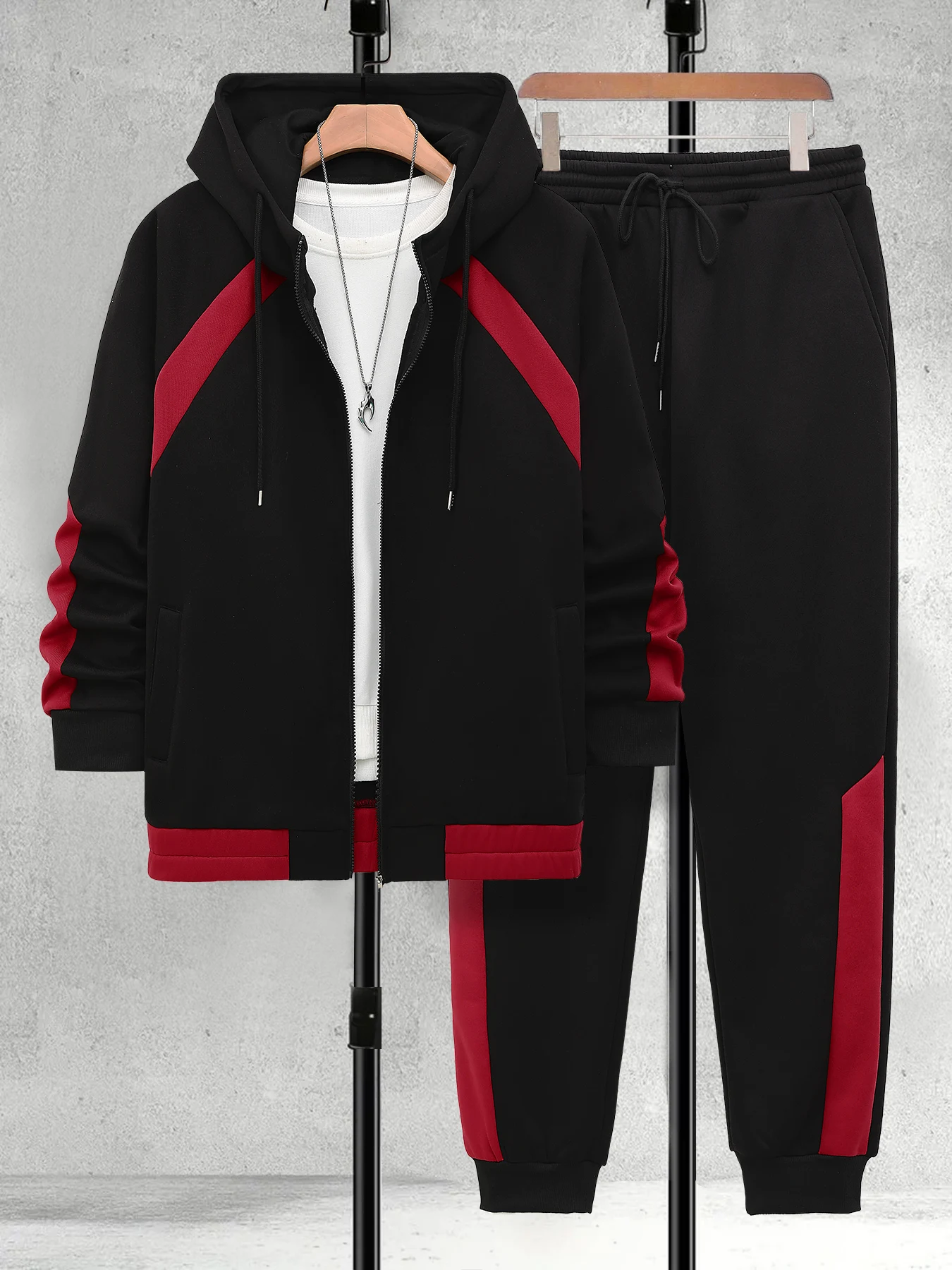 Men's Plus Size Black & Red Patchwork Set Oversized Zip-Up Hoodie & Jogger Pants 2 Piece