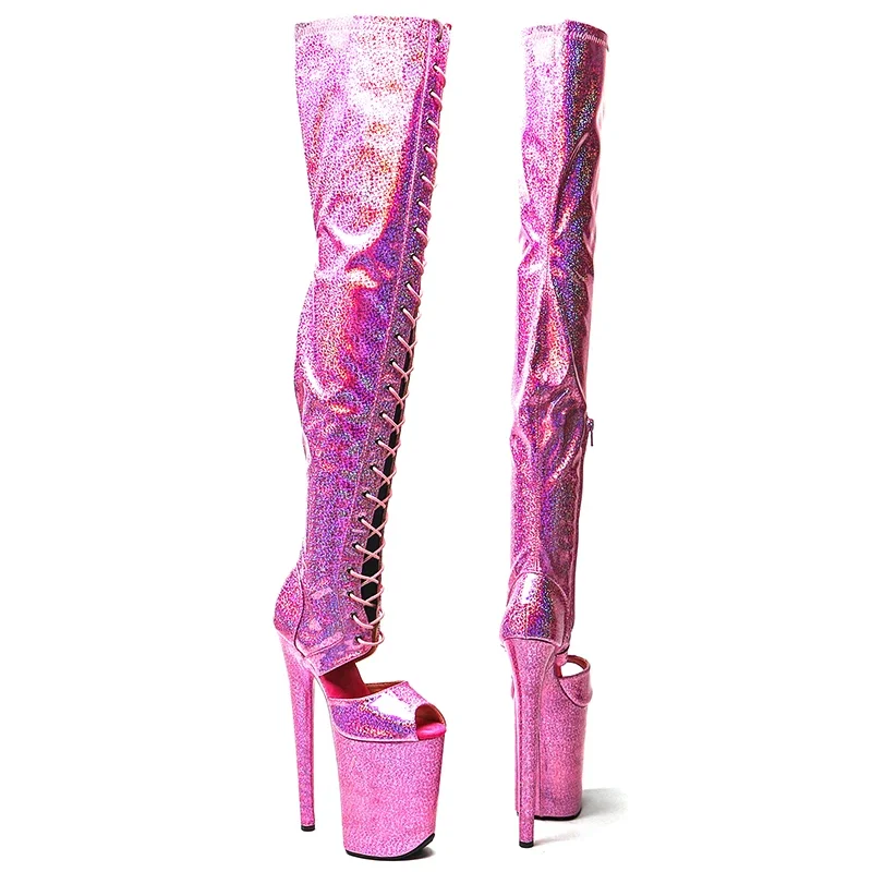 Leecabe 23cm/9 polegadas brilhante pu superior botas sexy dedo do pé aberto salto alto plataforma stripper sapatos de dança pólo