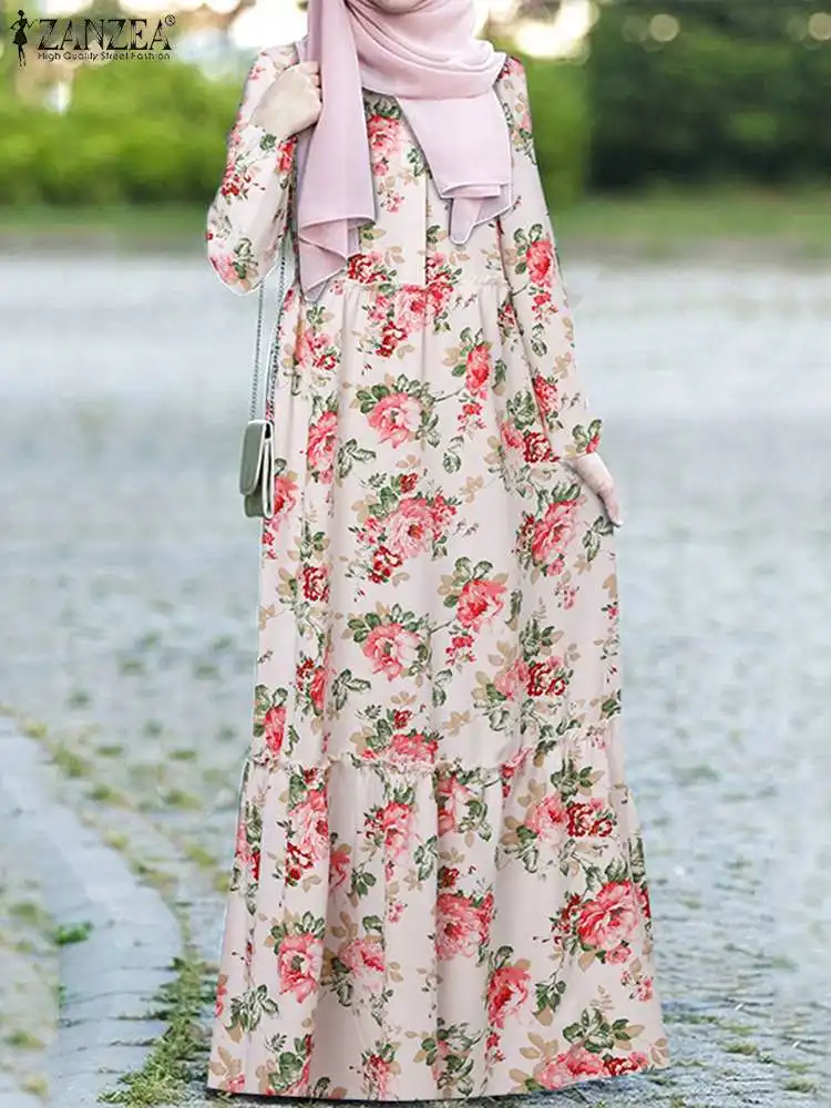 

Bohemian Printed Maxi Dresses ZANZEA Women Autumn Sundress Fashion Long Sleeve Muslim Dress Robe Abaya Casual Floral Vestidos