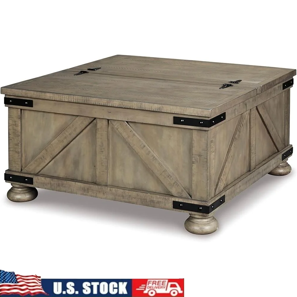 

Farmhouse Lift Top Coffee Table with Storage Weathered Pine Wood Accent Details Crossbuck Design Living Room Furniture