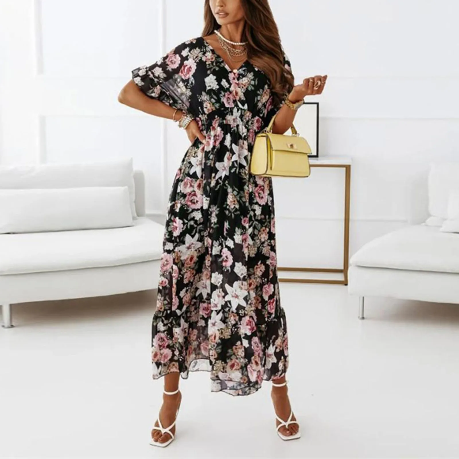 

Summer Office Dress Casual Women's V-Neck Ruffles Sleeve Maxi Dress Boho Floral Printed Desses Slim Commuter Style Vestidos 2024