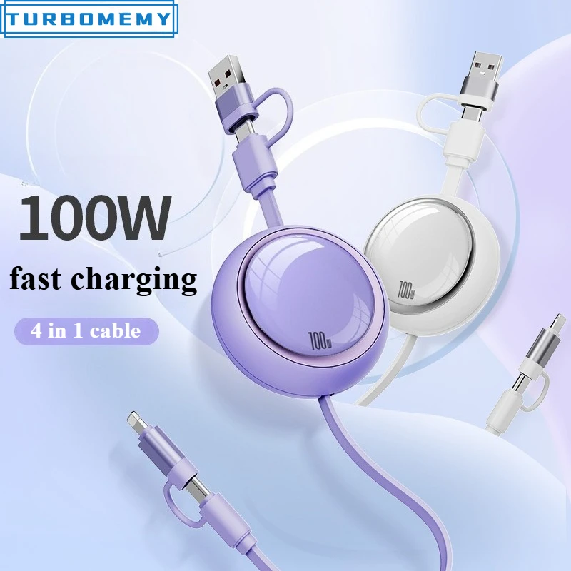 100W Retractable USB Type C Cable Fast Charging USB A To Type C Data Cable for  Iphone Samsung Xiaomi Mobile Phone Wire