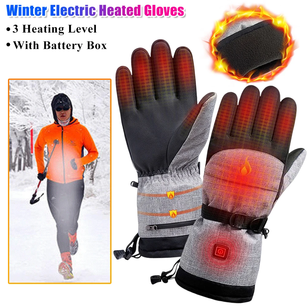 

3 Heating Level Electric Ski Gloves Winter Windproof Waterproof Warm Heated Thermal Gloves Outdoor Hand Warmer With Battery Box