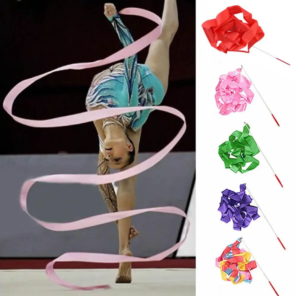 4M Colorful Dance Ribbon Gym Rhythmic Art Gymnastic Streamer Twirling Rod Stick Ballet Streamer Twirling Rod Stick For Training