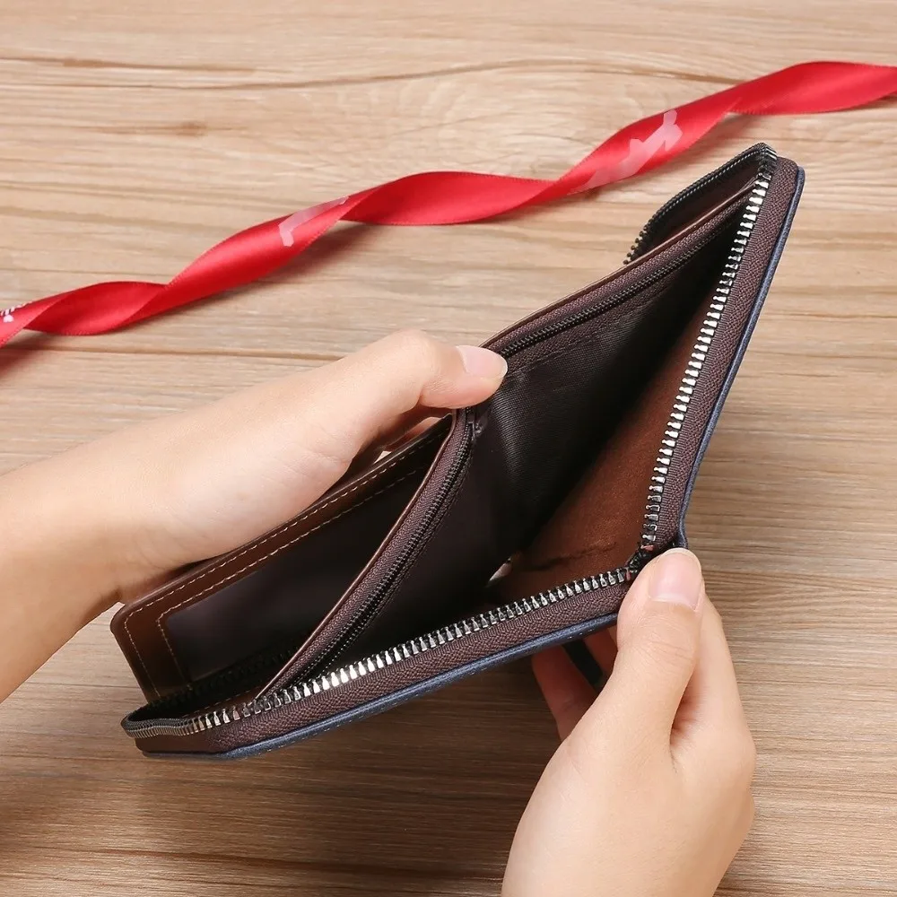 محفظة رجالية قصيرة كاجوال متعددة المواضع بسحاب رفيع من جلد البولي يوريثان محفظة للعملات المعدنية بسعة كبيرة وحامل بطاقات متعدد الوظائف يوميًا