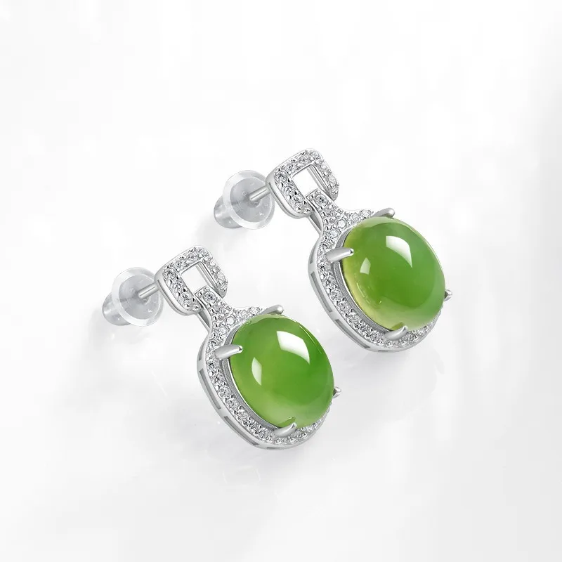 

TIMESWIND Elegant Women Natural Green Jade Oval Full Zircon S925 Silver Earrings with Certificate