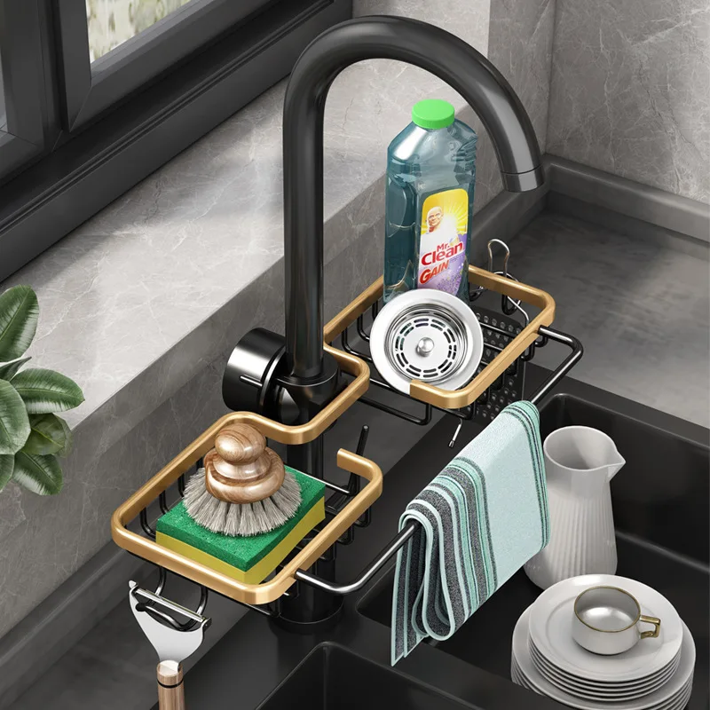 Wasserhahn Abtropfgestell für Waschbecken Set Luxus Küchenartikel Organizer Badezimmer Neu Schwarz Gold Edelstahl Rack Lagerregal – Detail 2