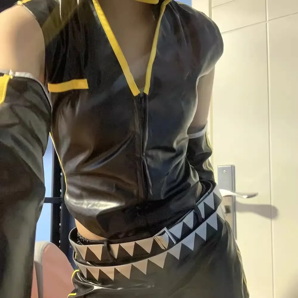 Anime Game Len Cosplay Costume Wig Adult Unisex Leather PU Top Shorts Suit Halloween Punk Party Outfit Uniform Accessories