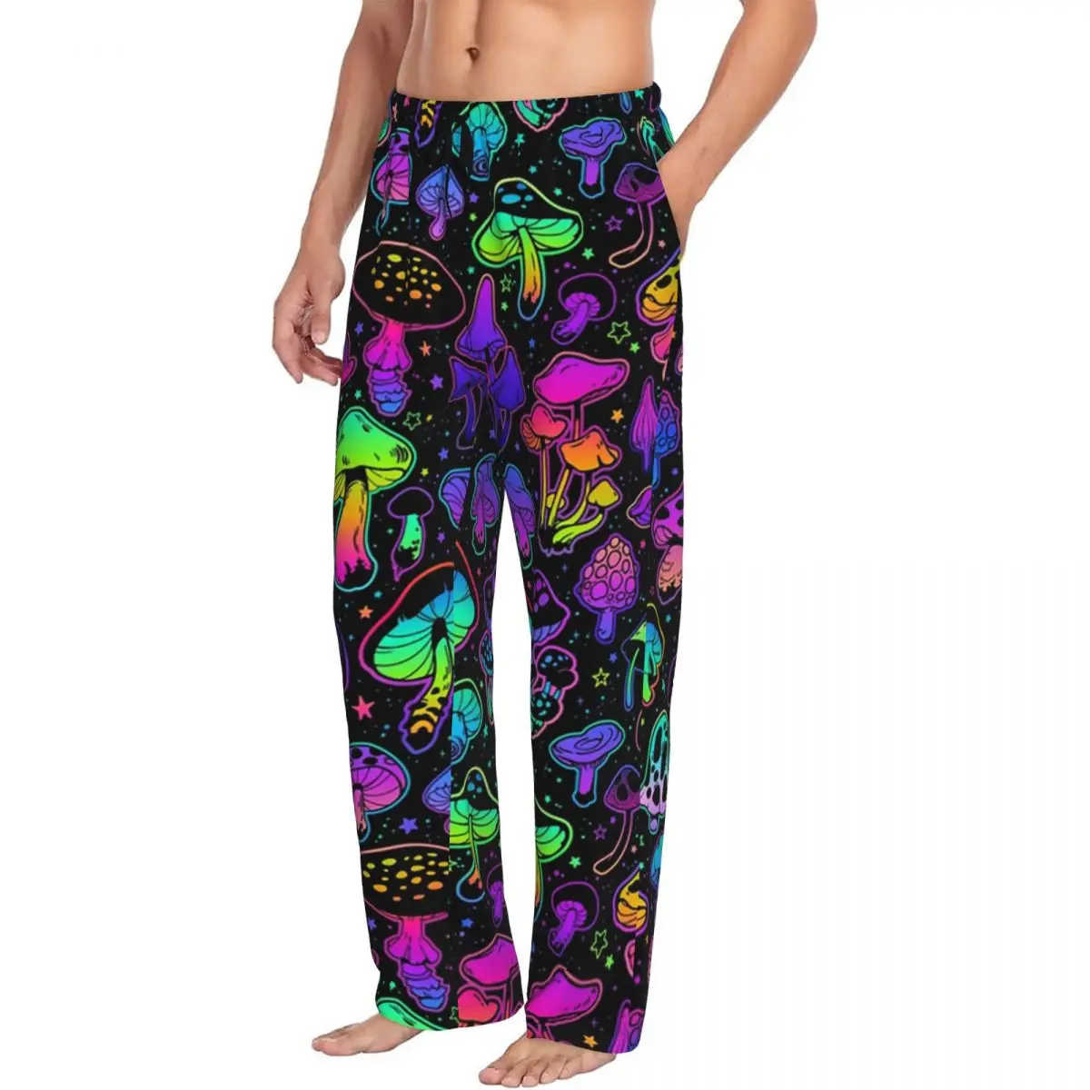 Custom Psychedelic Magic Mushroom Trippy Hippie Pajama Pants Men's Sleepwear Lounge Sleep Bottoms Stretch with Pockets