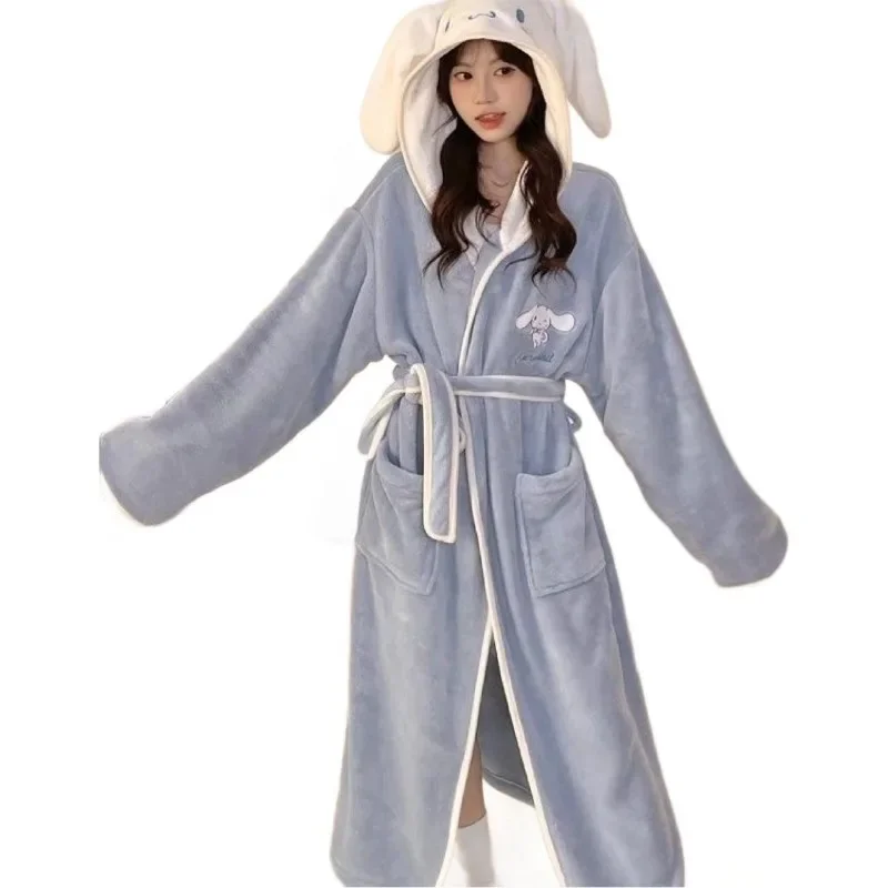 Sanrio Kuromi Cinnamoroll My Melody Pudding Dog Hooded Bathrobe Women Girl Coral Flannel Thickened Cute Cartoon Sleeprobe Pajama