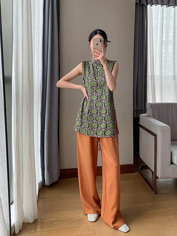 

New 2026 Women's High Waist Wide Leg Pants Set Short Sleeve Two Piece Set Chinese Style Zen Fashion Summer Breathable Print