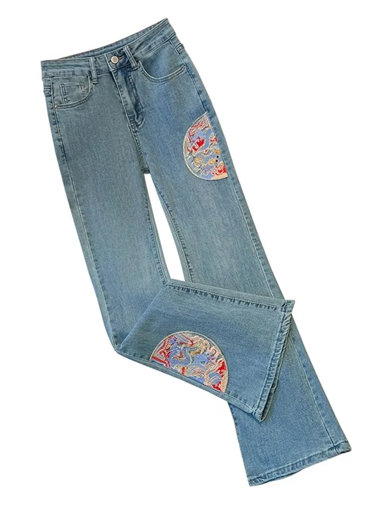 High Waist Elastic Embroidered Micro Flare Jeans Women's New Chinese Sle National Trend Spring Summer 2024 Casual Pants