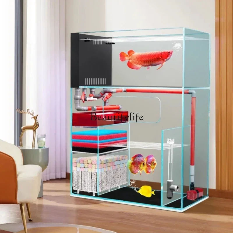 

Living room floor-to-ceiling fish tank ecological water purification circulation bottom filter double-layer ultra-white glass