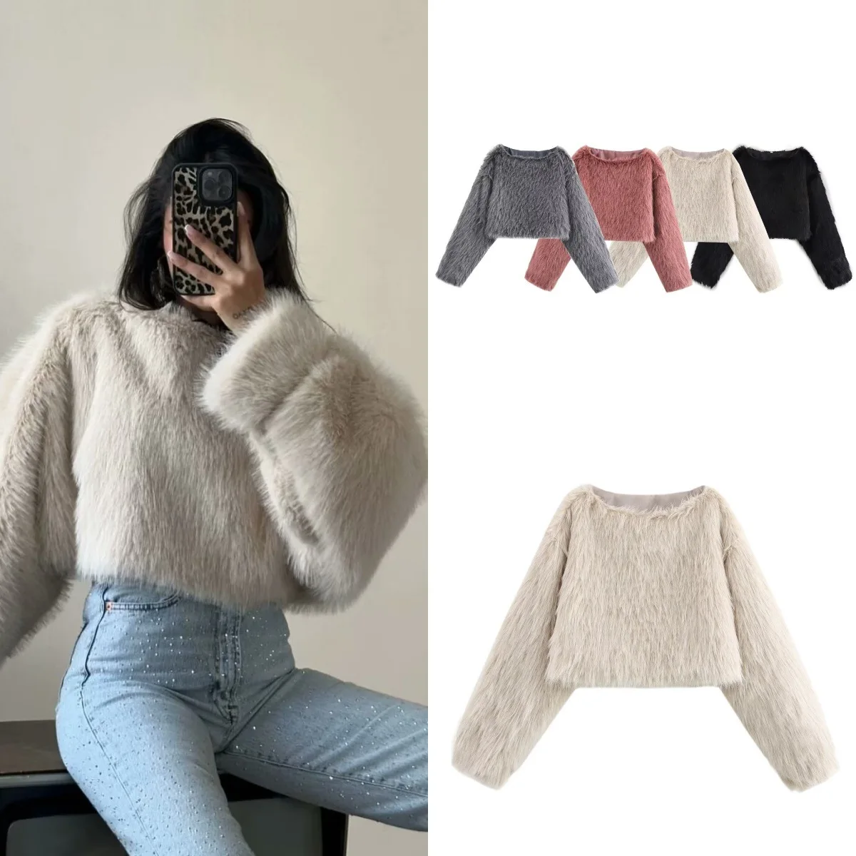 أنيقة المرأة الشتاء فرو المنك سترة متعدد الألوان جولة الرقبة البلوز الإناث معطف الفرو البيئي سميكة أفخم الدافئة سيدة ايكو الفراء سترة