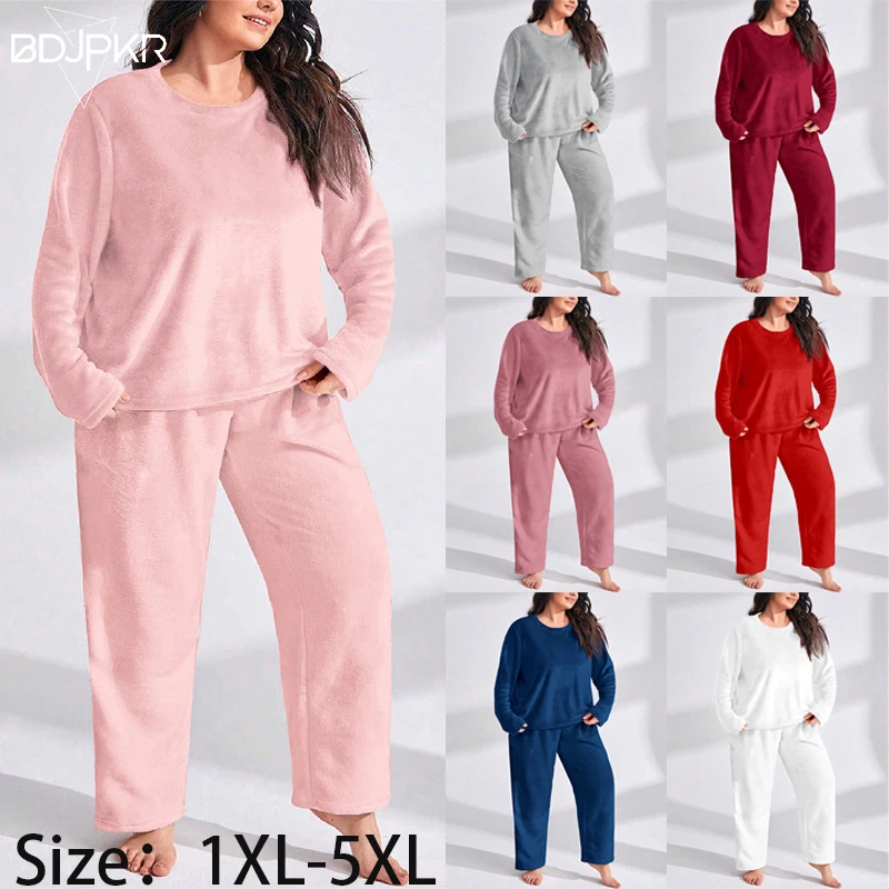 

Winter Flannel Thermal Pajama Sets Plus Size Female Loungewear Outdoor Long Sleeve Pants Ready Casual Homewear 2 Pieces YCF8817