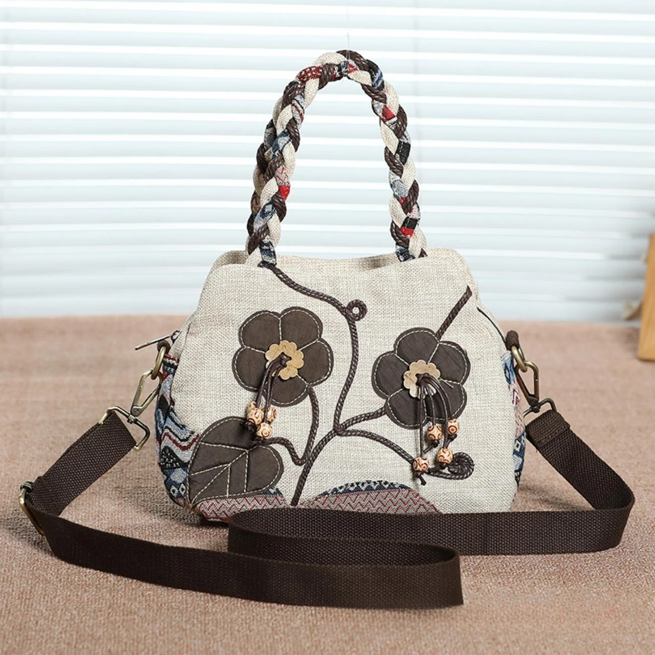 Ethnic style retro woven decoration, lightweight and practical handheld crossbody dual-purpose cotton and linen blended fabric