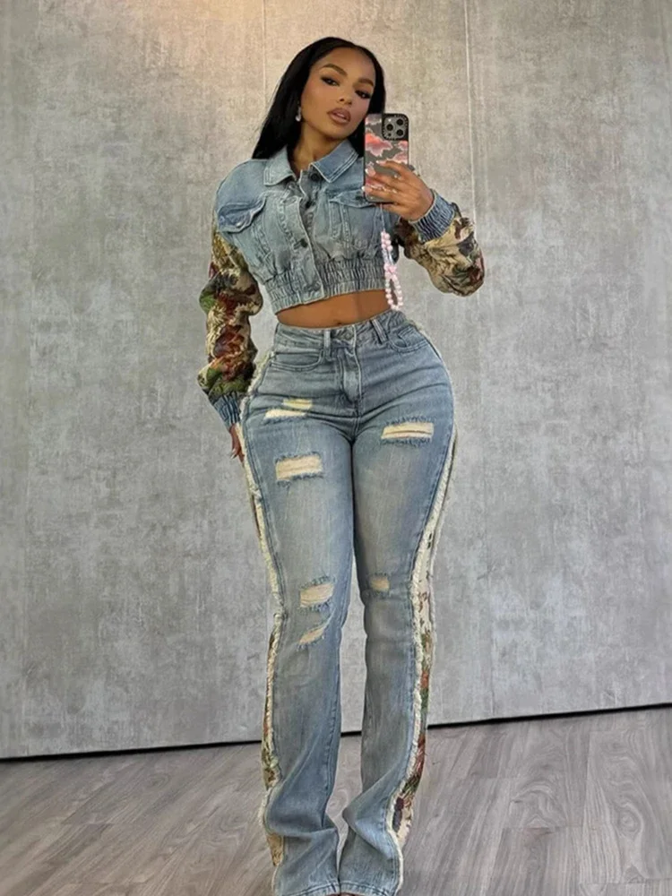 

Camo Print Denim 2 Piece Set Women Cardigan Single-Breasted Crop Jacket+Distressed Irregular Jeans Street Trend Suit