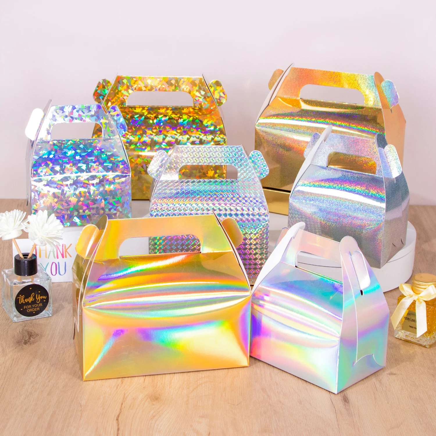 Laser gold silver cake packaging box white cowhide pink green blue dessert portable carton