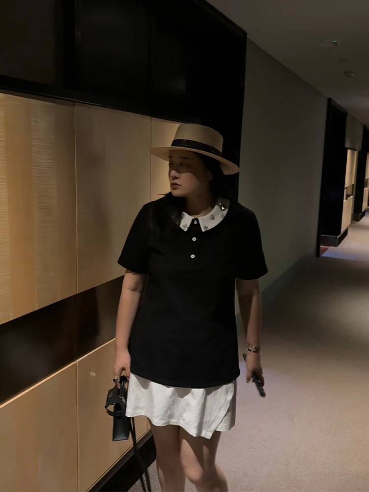 

Женская футболка больших размеров для гольфа с тяжелой вышивкой, спортивного кроя, с отложным воротником, ручной работы, с бисером, для повседневной носки, летняя или...